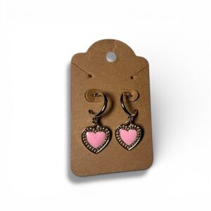 Pink enamel heart dangle hoop earrings